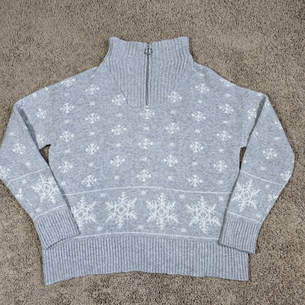Talbots Light Gray Women Snowflake 3/4 Zip Up Sweater Size Large. Great Quality!